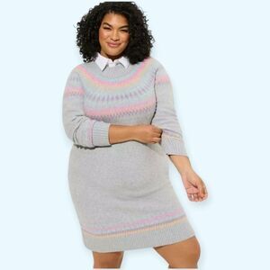 2X 18W 20W Gray Mini Sweater Dress Vegan Cashmere Fair Isle Mock Neck Cozy Cabin
